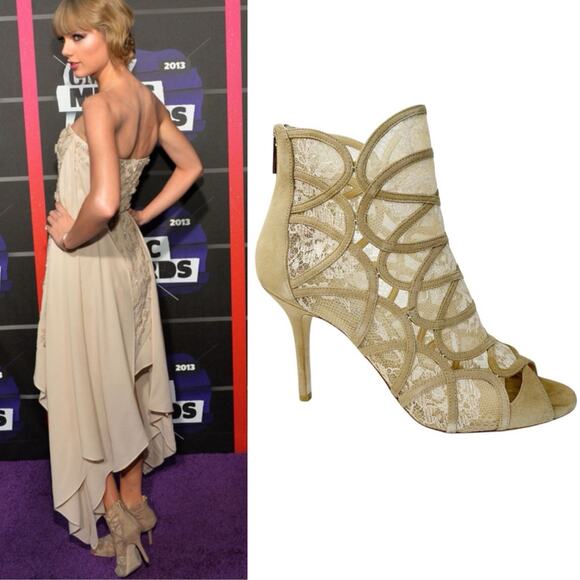 JIMMY CHOO Fonda Nude Lace Suede Open Toe Heeled Booties - Picture 1 of 16